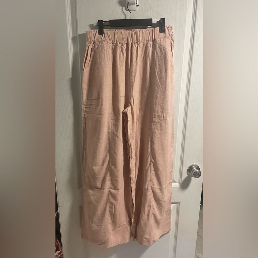 Plus & Regular Size Dusty Blush Linen Relaxed Fit Wide Leg Casual Pants - Picture 9 of 9